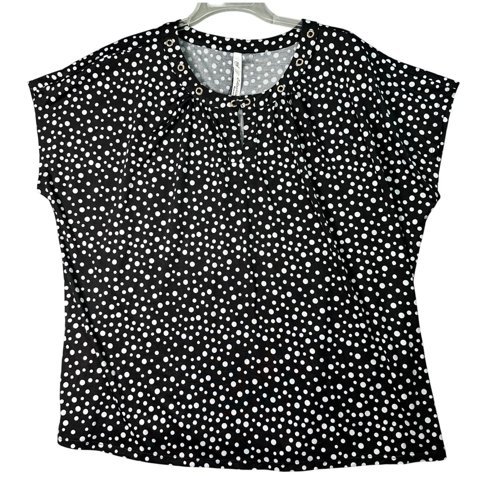 NY Collection Polka Dot Blouse Keyhole Grommet Top Plus Size 2X Black White
